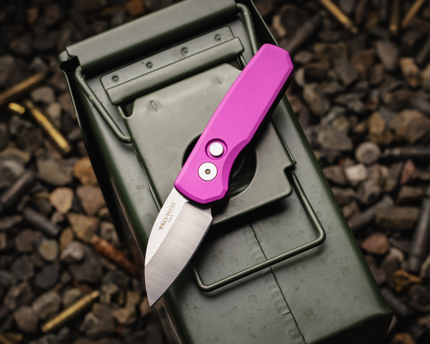 Pro-Tech-Protech R5300.LTD.Purple Runt AUTO - Smooth Purple Handle - Machine Satin MAGNACUT Wharncliffe Blade - Pearl Button - Satin Hardware-Urban Cutlery