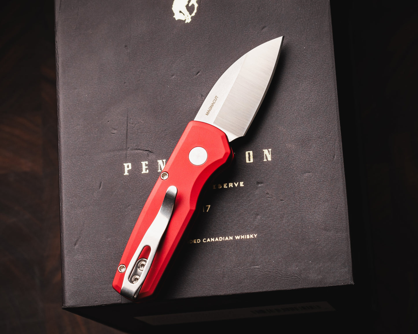 Pro-Tech-Protech R5300.LTD.Red Runt AUTO - Smooth Red Handle - Machine Satin MAGNACUT Wharncliffe Blade - Pearl Button - Satin Hardware-Urban Cutlery