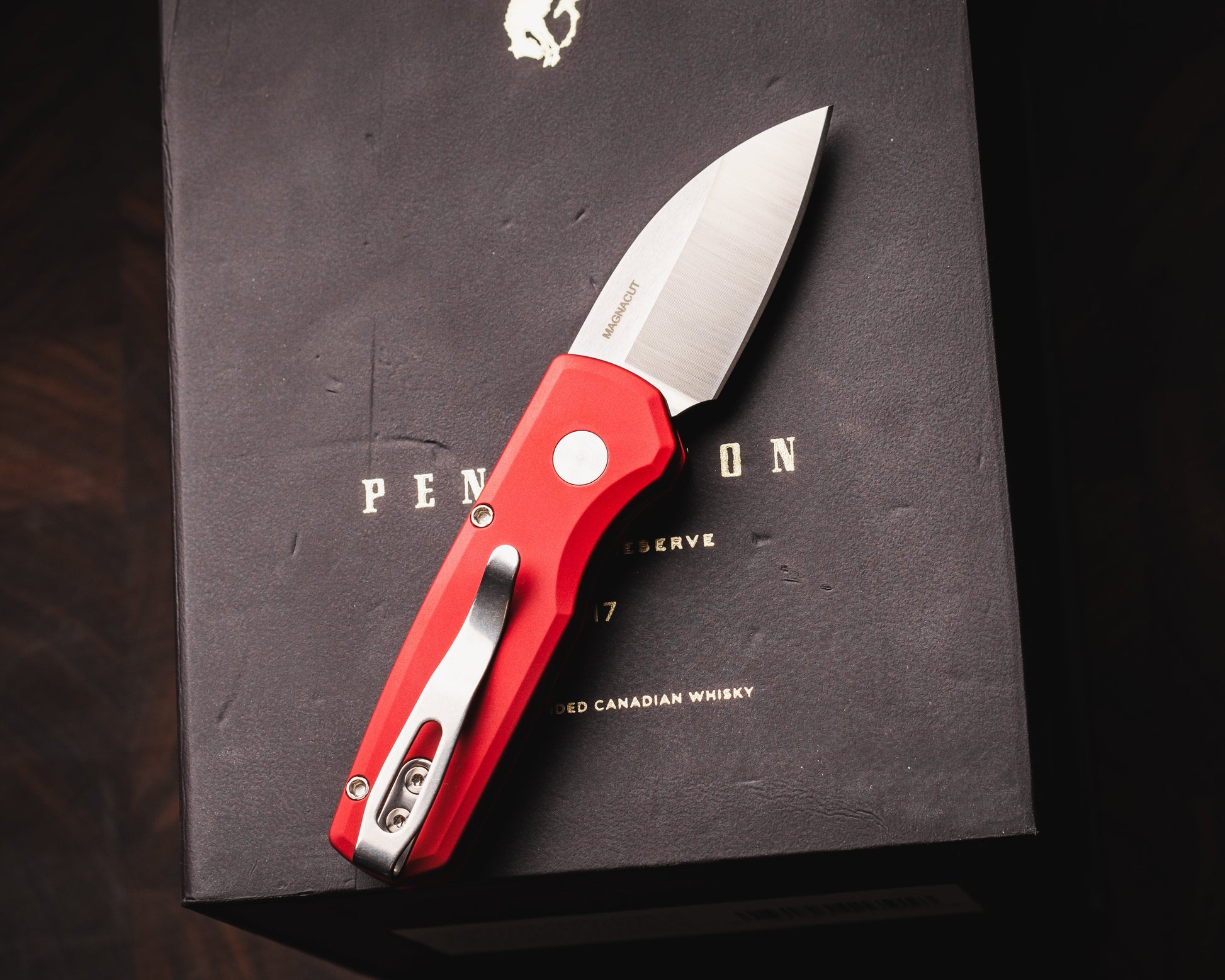 Pro-Tech-Protech R5300.LTD.Red Runt AUTO - Smooth Red Handle - Machine Satin MAGNACUT Wharncliffe Blade - Pearl Button - Satin Hardware-Urban Cutlery