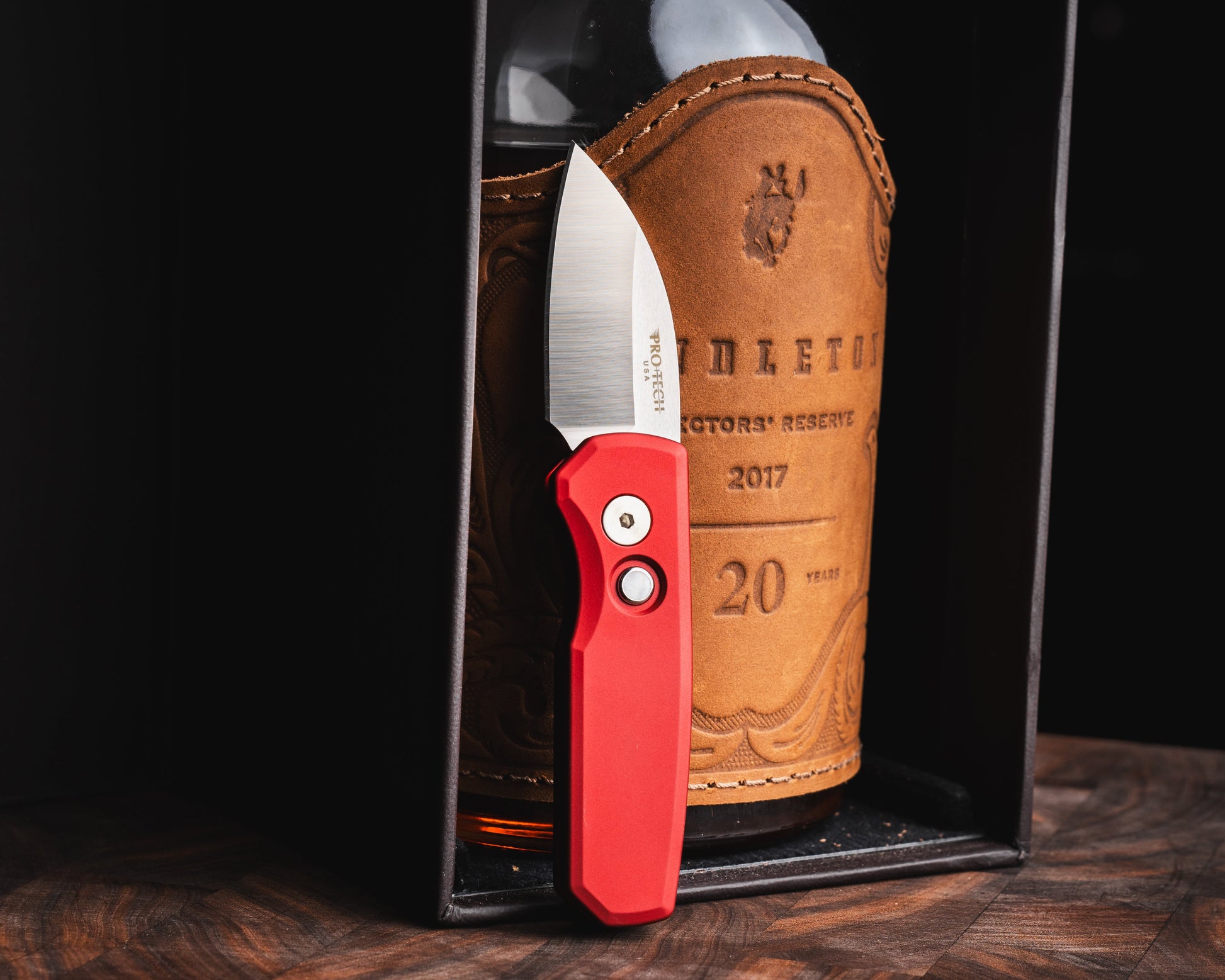 Pro-Tech-Protech R5300.LTD.Red Runt AUTO - Smooth Red Handle - Machine Satin MAGNACUT Wharncliffe Blade - Pearl Button - Satin Hardware-Urban Cutlery