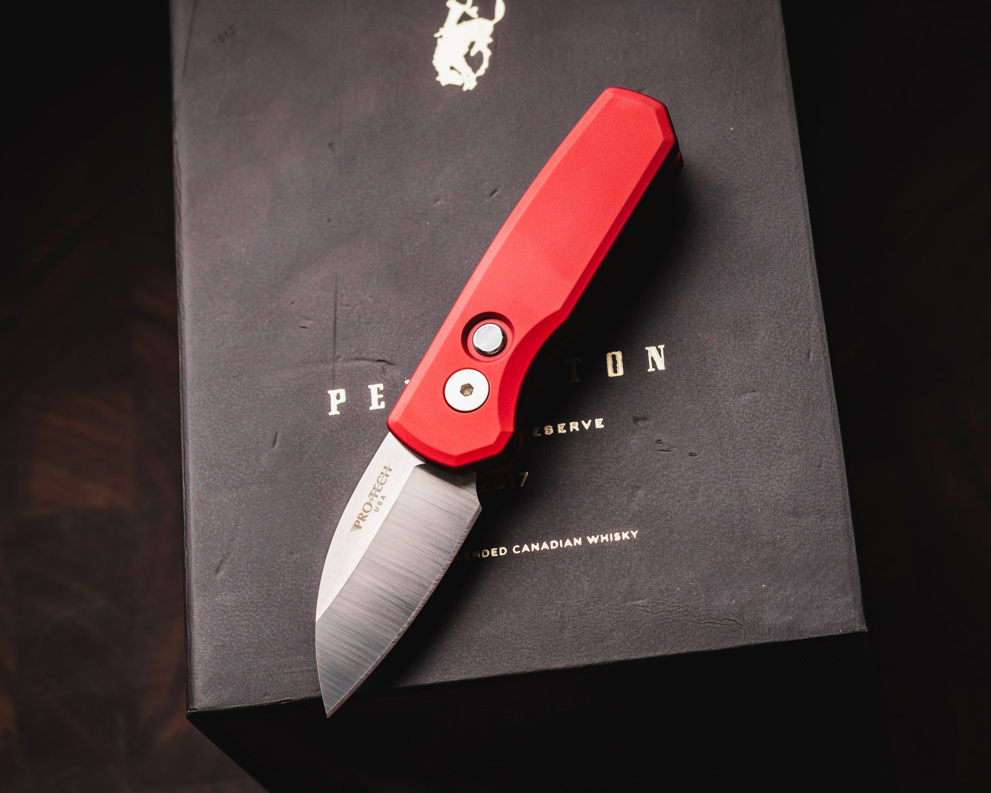 Pro-Tech-Protech R5300.LTD.Red Runt AUTO - Smooth Red Handle - Machine Satin MAGNACUT Wharncliffe Blade - Pearl Button - Satin Hardware-Urban Cutlery