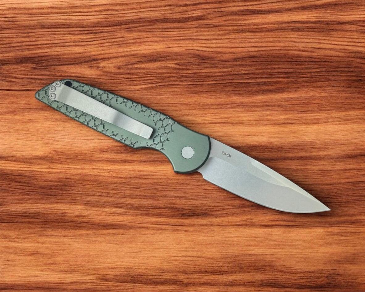 Pro-Tech TR-3 Auto - Green "Fish Scale" Handle - 2-Tone Stonewash 154cm Blade-Pro-Tech-Urban Cutlery & Lifestyle Shoppe