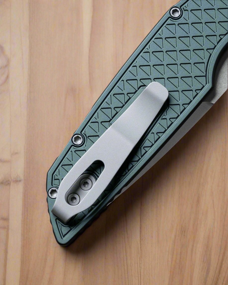 Pro-Tech TR-3 INTEGRITY Manual - Relic Textured Green Handle - Stonewash S35vn Blade - Black Wide Deep Carry Clip Urban Cutlery & Lifestyle Shoppe