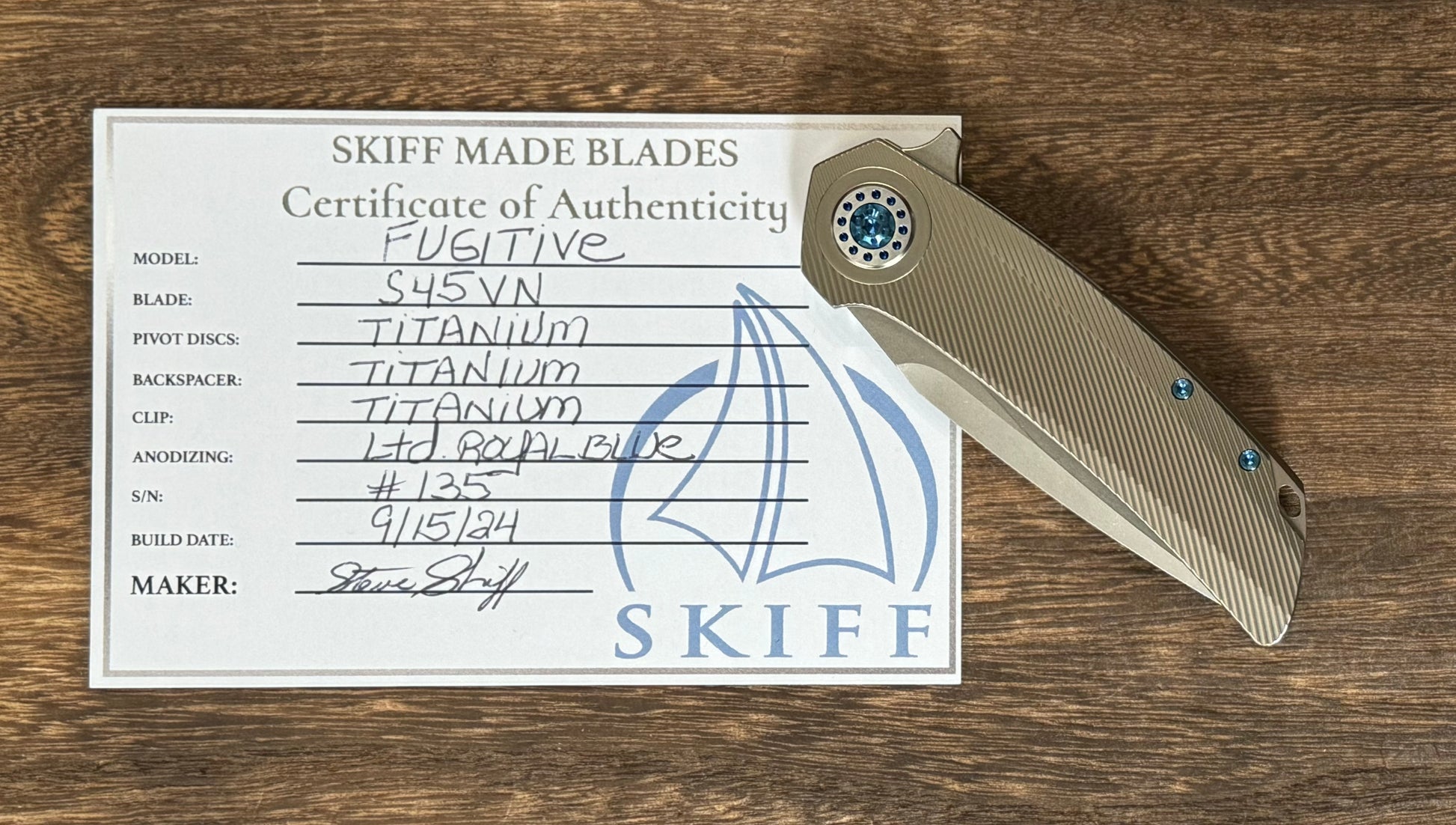 Skiff Made Blades Fugitive, S45VN Blade, Milled Titanium Scales, Ltd Royal Blue Ti Pivot Collar and Hardware, #135 Skiff Workshop Urban Cutlery & Lifestyle Shoppe