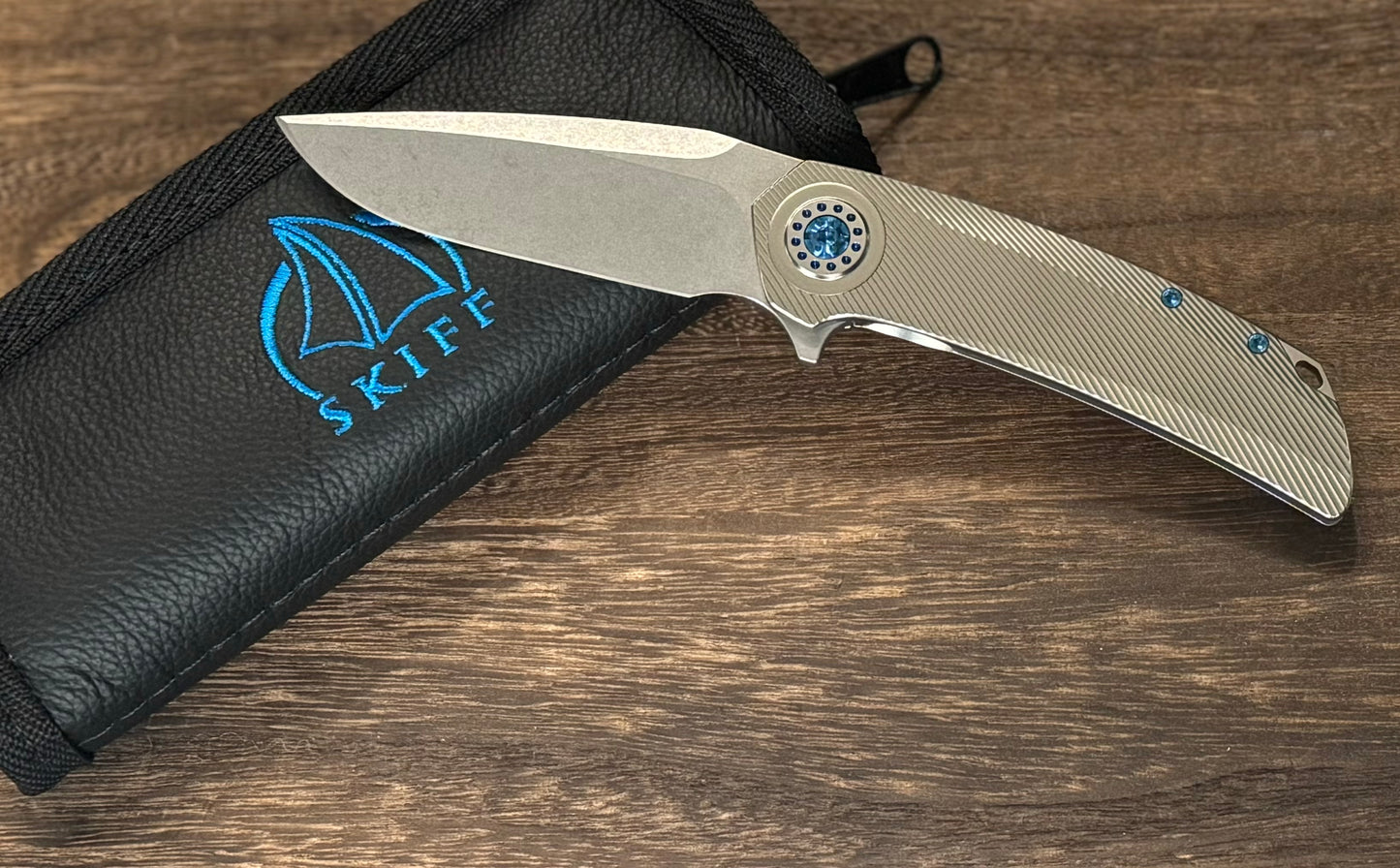 Skiff Made Blades Fugitive, S45VN Blade, Milled Titanium Scales, Ltd Royal Blue Ti Pivot Collar and Hardware, #135 Skiff Workshop Urban Cutlery & Lifestyle Shoppe