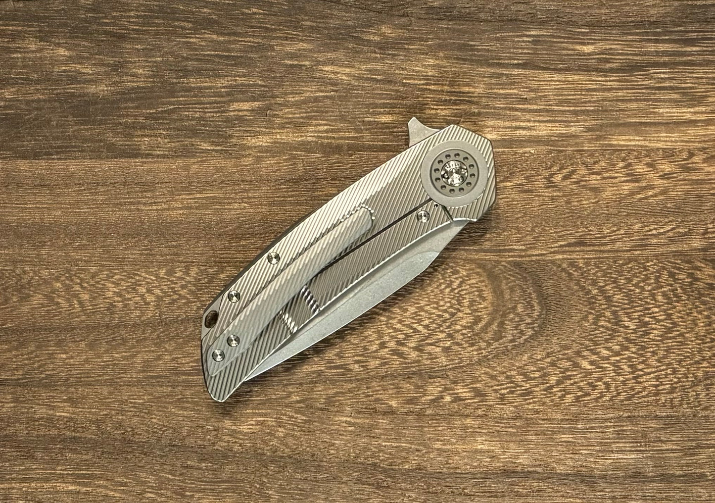 Skiff Made Blades Fugitive, S45VN Blade, Milled Titanium Scales, Two Tone Bead Blasted Pivot Collar, Backspacer and Clip, #141 Skiff Workshop Urban Cutlery & Lifestyle Shoppe