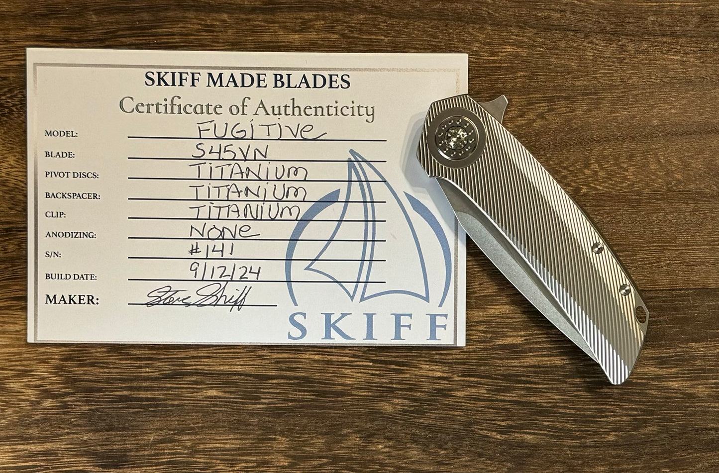 Skiff Made Blades Fugitive, S45VN Blade, Milled Titanium Scales, Two Tone Bead Blasted Pivot Collar, Backspacer and Clip, #141 Skiff Workshop Urban Cutlery & Lifestyle Shoppe