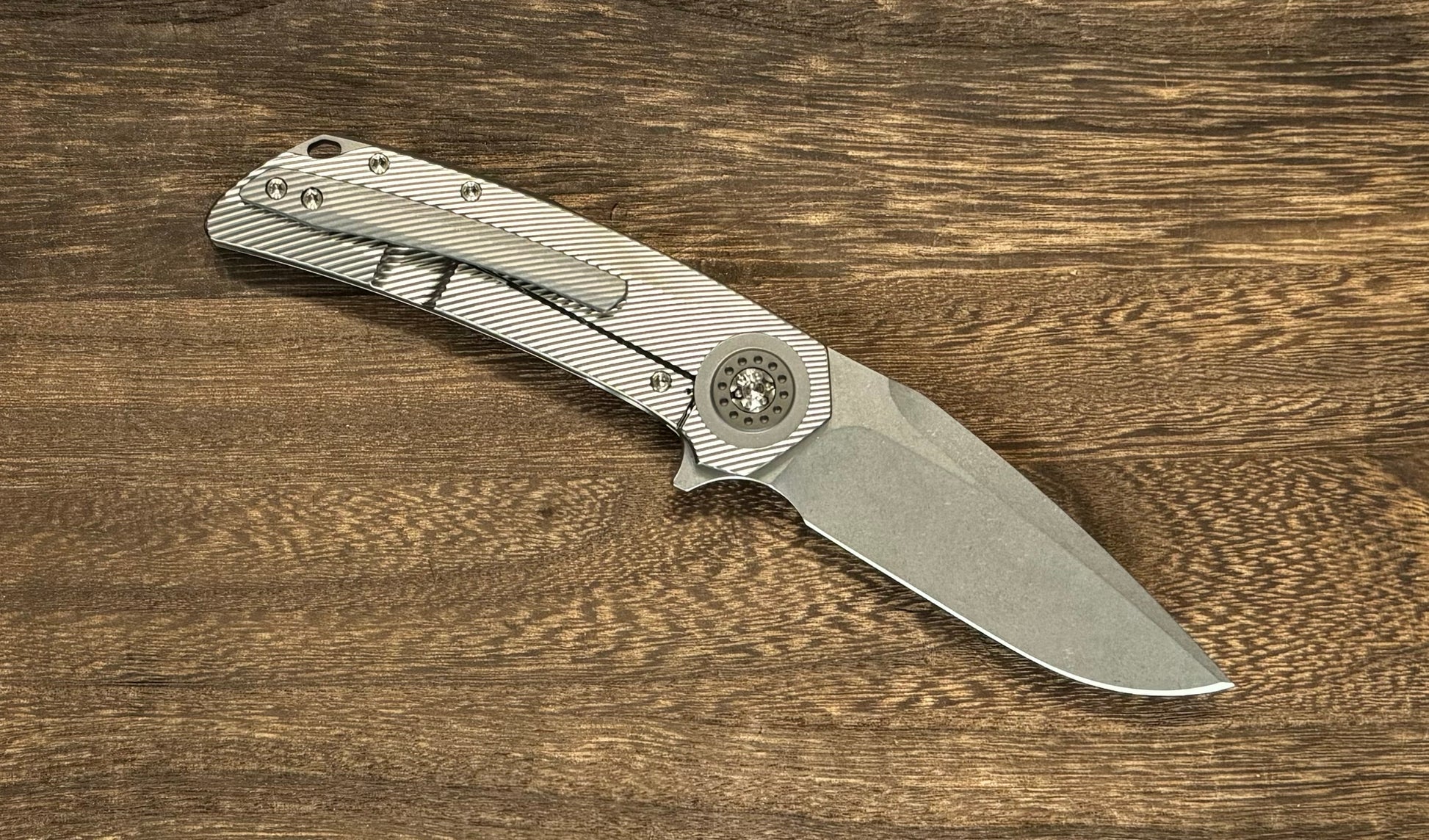 Skiff Made Blades Fugitive, S45VN Blade, Milled Titanium Scales, Two Tone Bead Blasted Pivot Collar, Backspacer and Clip, #141 Skiff Workshop Urban Cutlery & Lifestyle Shoppe