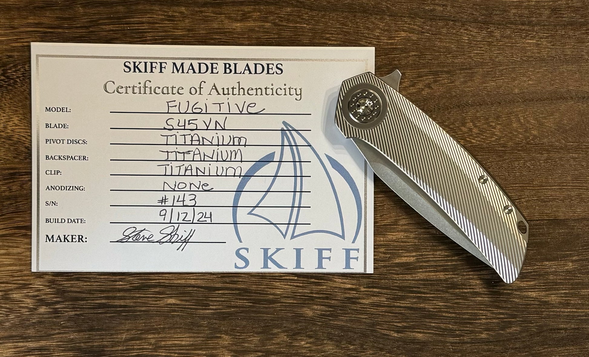 Skiff Made Blades Fugitive, S45VN Blade, Milled Titanium Scales, Two Tone Bead Blasted Pivot Collar, Backspacer and Clip, #143 Skiff Workshop Urban Cutlery & Lifestyle Shoppe