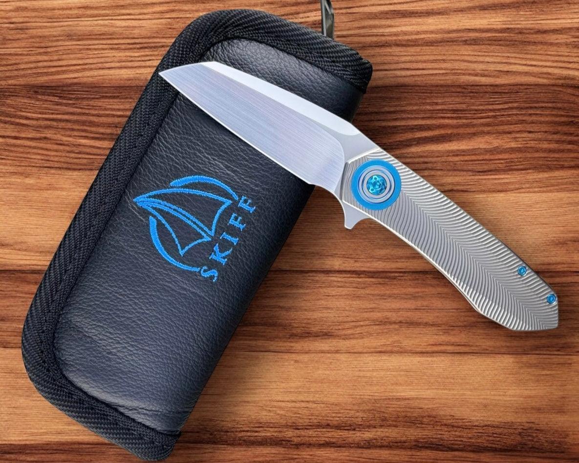 Skiff Workshop-Skiff Made Blades Asylum, Hand Rubbed Satin CPM154 Blade, Milled Titanium Scales, Seafoam Pivot Collar, Pocketclip, and Hardware, #78-1-Urban Cutlery