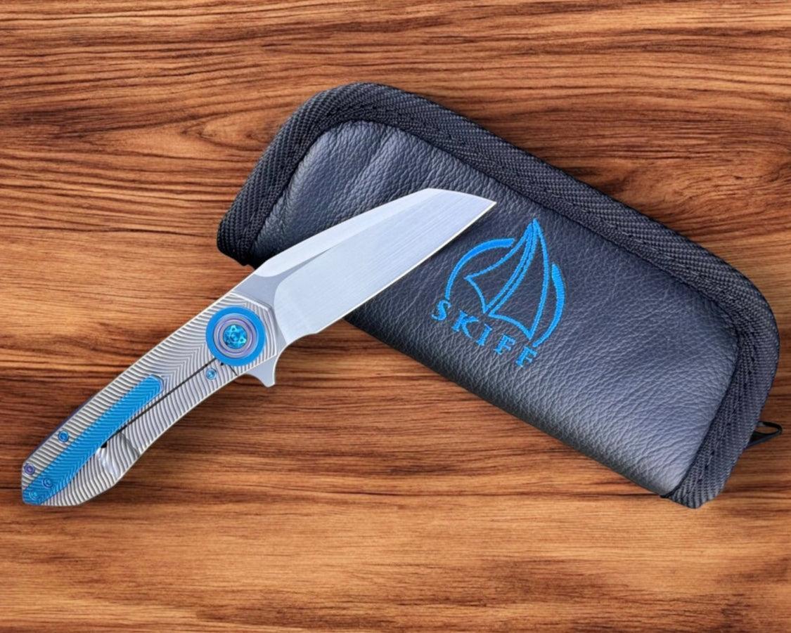 Skiff Workshop-Skiff Made Blades Asylum, Hand Rubbed Satin CPM154 Blade, Milled Titanium Scales, Seafoam Pivot Collar, Pocketclip, and Hardware, #78-2-Urban Cutlery