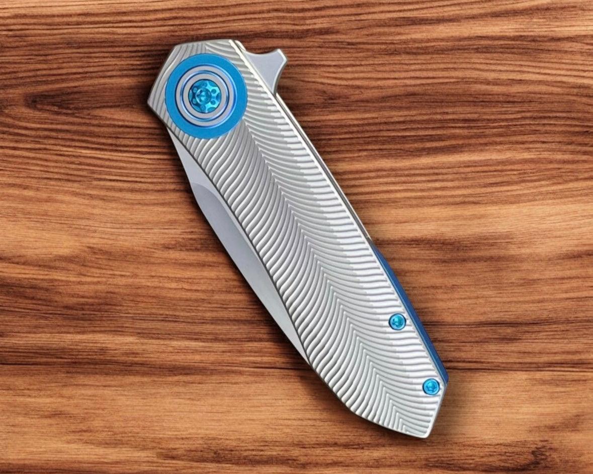 Skiff Workshop-Skiff Made Blades Asylum, Hand Rubbed Satin CPM154 Blade, Milled Titanium Scales, Seafoam Pivot Collar, Pocketclip, and Hardware, #78-5-Urban Cutlery