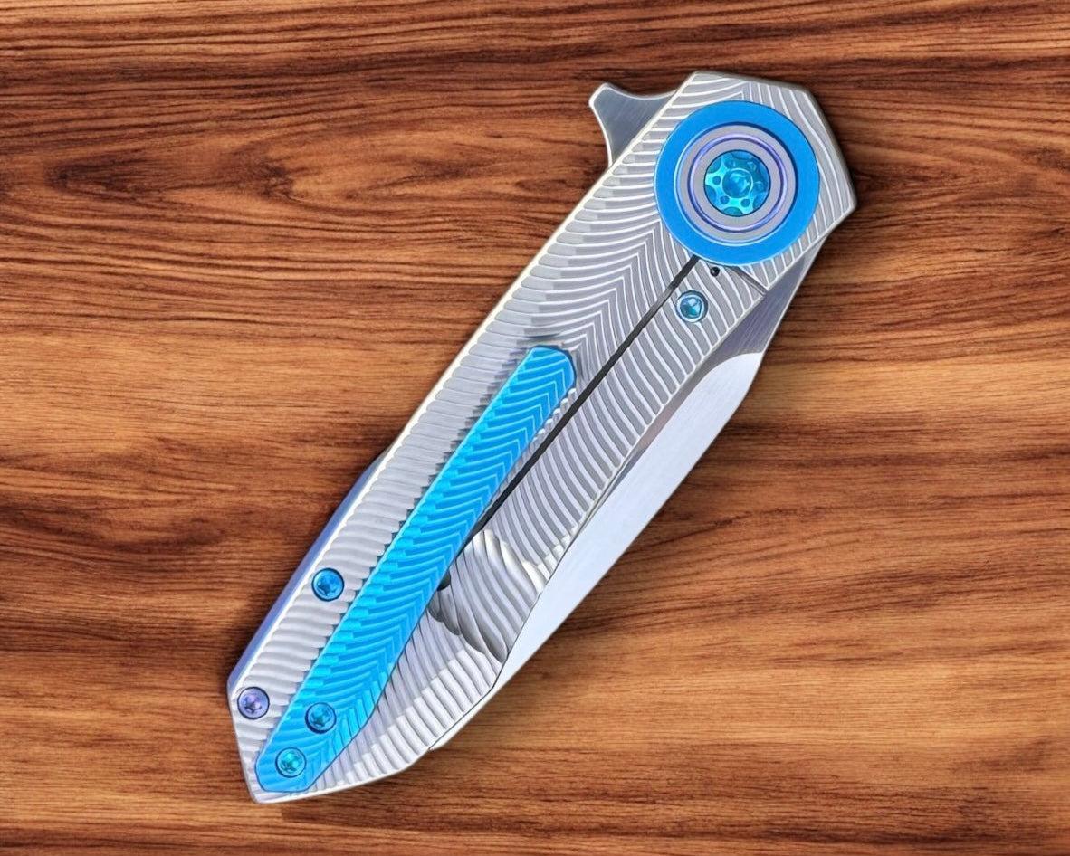 Skiff Workshop-Skiff Made Blades Asylum, Hand Rubbed Satin CPM154 Blade, Milled Titanium Scales, Seafoam Pivot Collar, Pocketclip, and Hardware, #78-6-Urban Cutlery