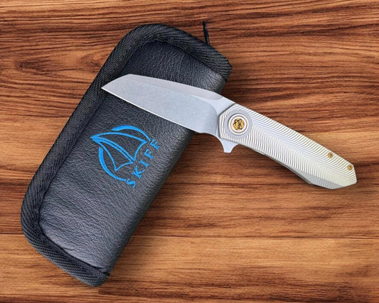 Skiff Workshop-Skiff Made Blades Asylum, Stonewashed Elmax Blade, Milled Titanium Scales, Bronze Pivot and Hardware, #85-Urban Cutlery