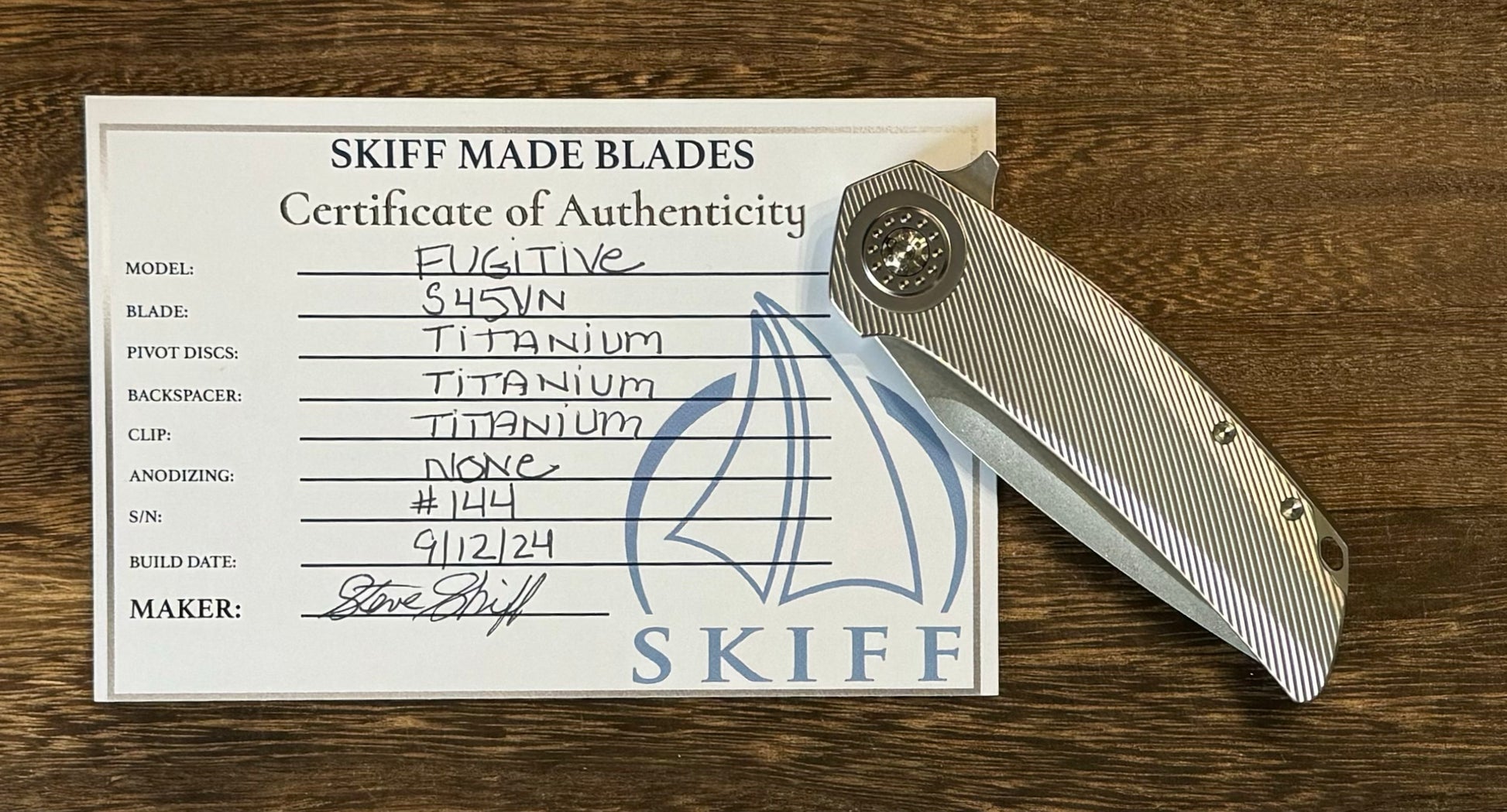 Skiff Workshop-Skiff Made Blades Fugitive, S45VN Blade, Milled Titanium Scales, Ti Pivot Collar and Hardware, #144-Urban Cutlery