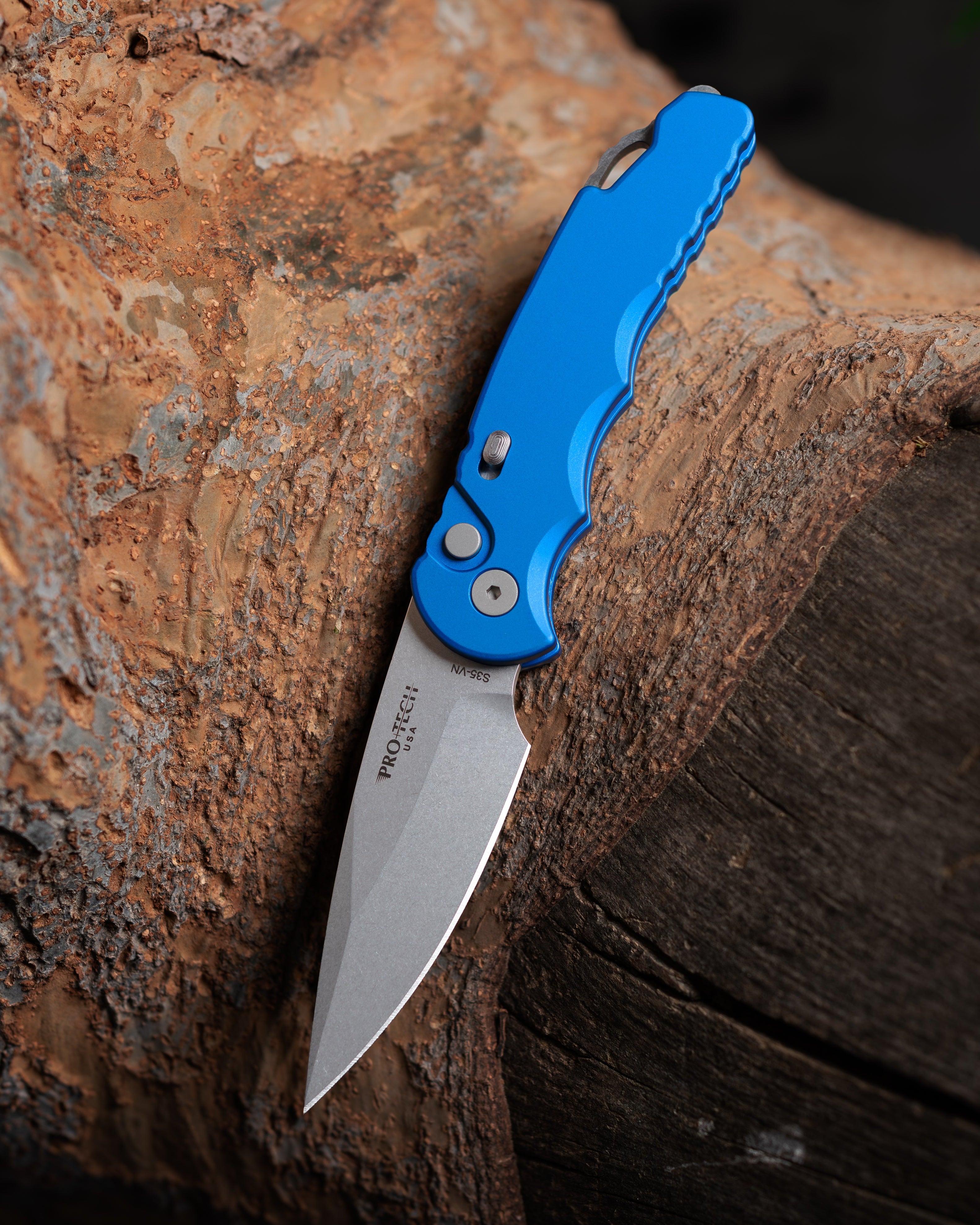 Pro-Tech T501.Blue TR-5 AUTO  - Blue Handle - Stonewash S35VN Blade - Secondary Slide Safety