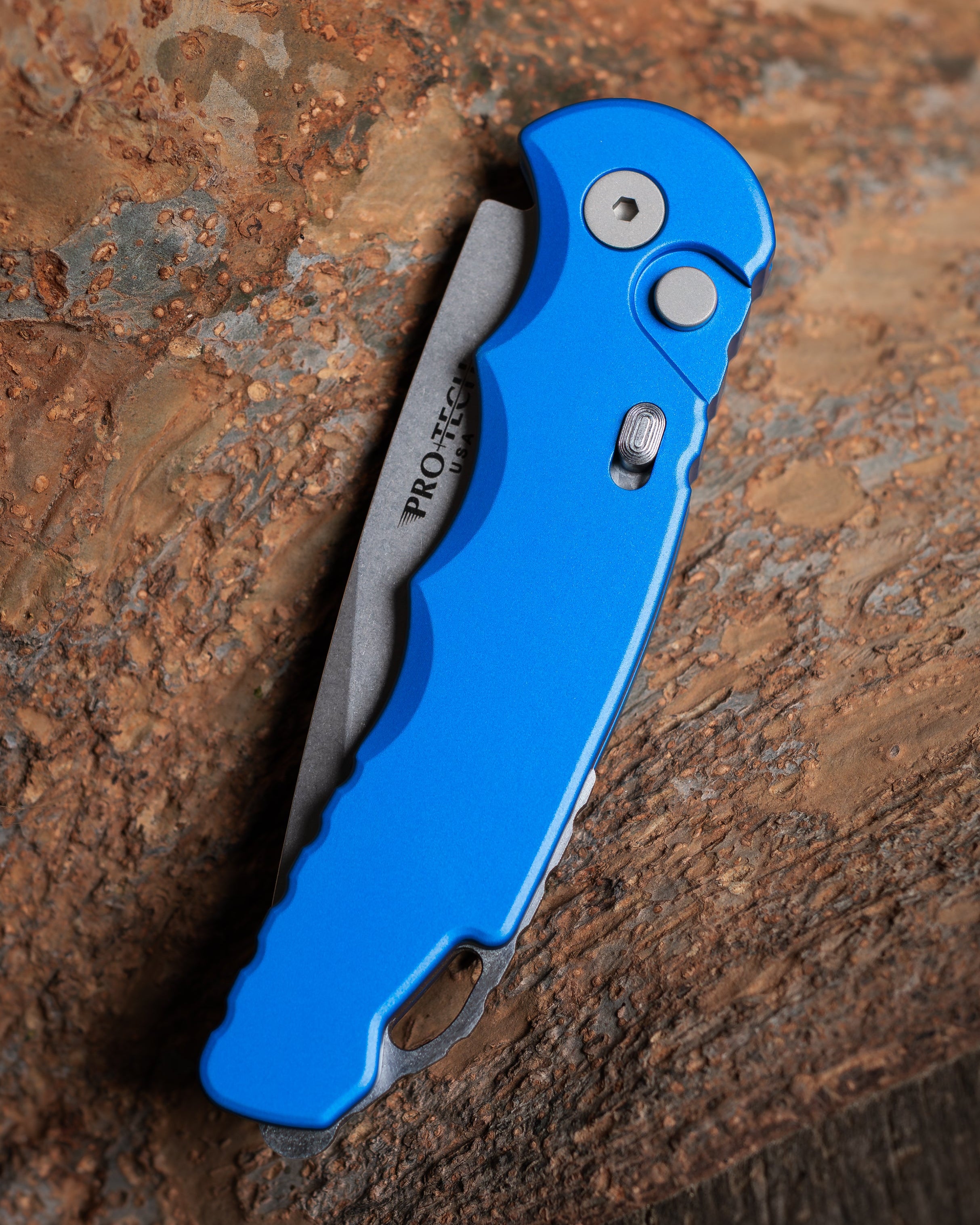 Pro-Tech T501.Blue TR-5 AUTO  - Blue Handle - Stonewash S35VN Blade - Secondary Slide Safety