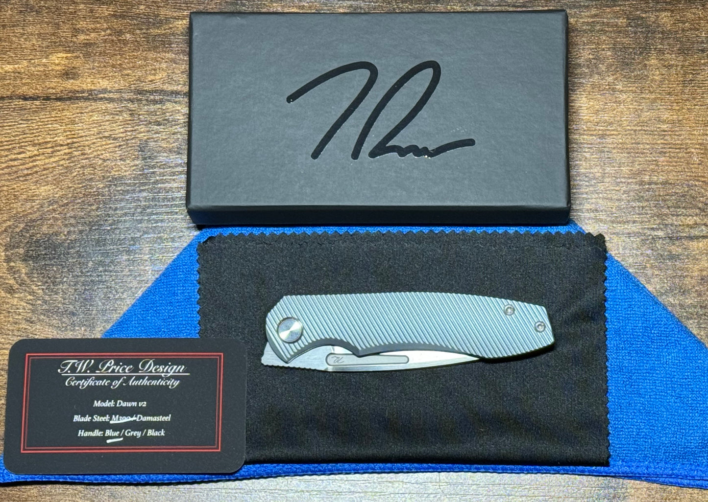 T.W. Price Design-TW PRICE DAWN V2 HAND RUBBED M390 BLADE/32V BLUE BEAD BLAST TITANIUM HANDLE-3-Urban Cutlery
