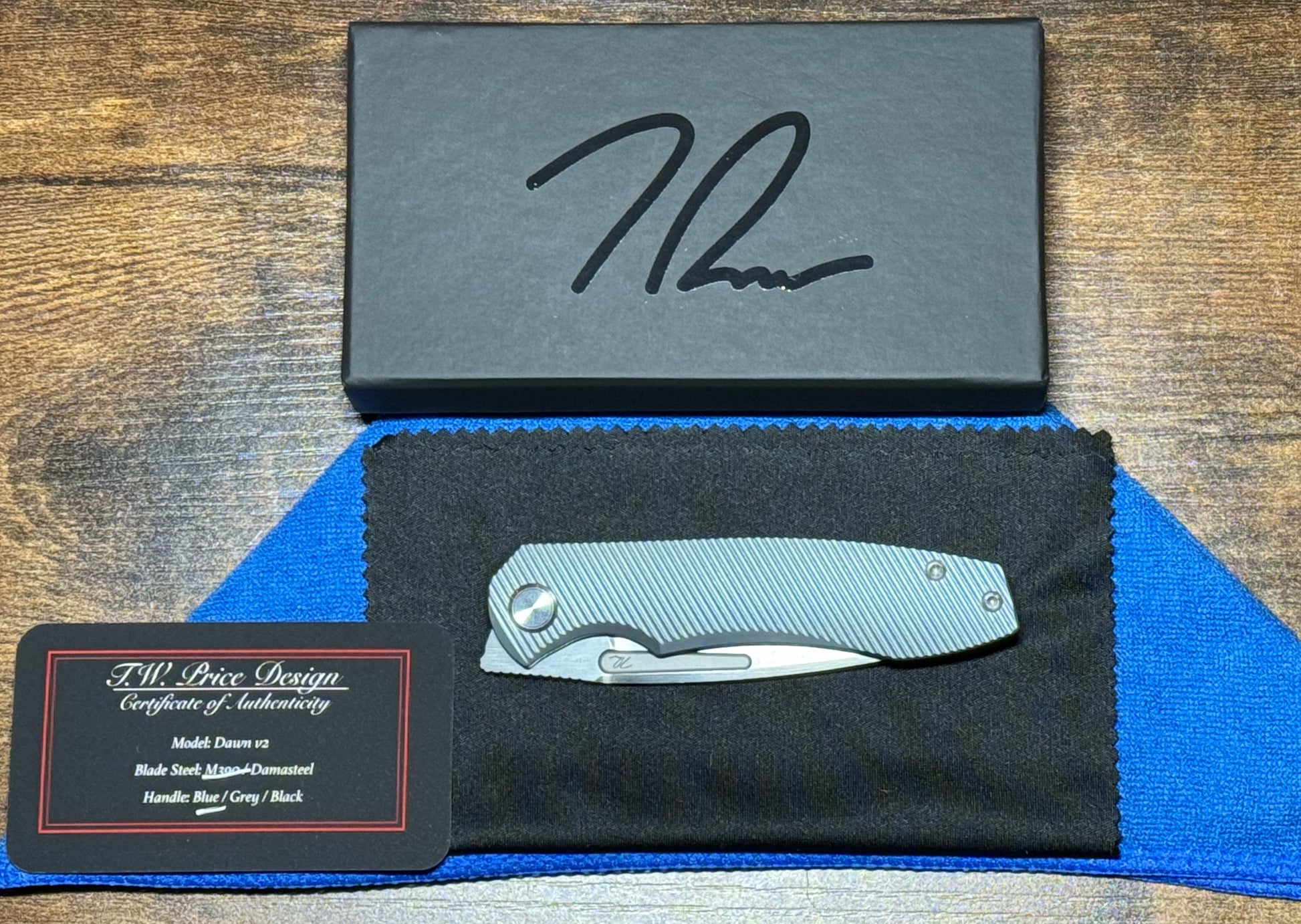 T.W. Price Design-TW PRICE DAWN V2 HAND RUBBED M390 BLADE/32V BLUE BEAD BLAST TITANIUM HANDLE-3-Urban Cutlery