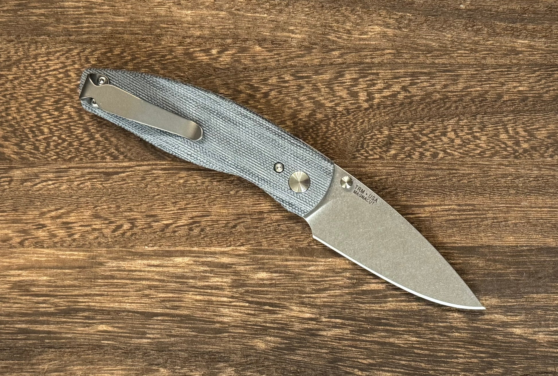 Three Rivers Mfg. (TRM) Neutron 2 - MICARTA DENIM Canvas 3D Contoured - Magnacut Blade Three Rivers Mfg. Urban Cutlery & Lifestyle Shoppe