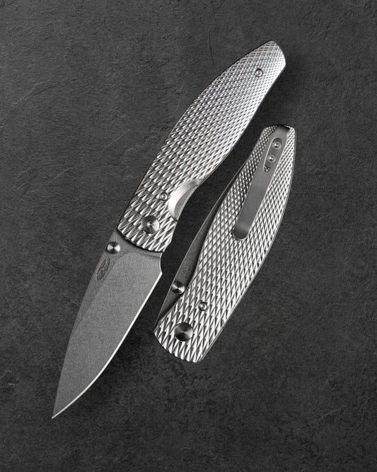 Three Rivers Mfg.-Three Rivers Mfg. (TRM) Atom - 3D Contoured Titanium LIZARD SKIN Handles - MAGNACUT Blade-Folding Knife-Urban Cutlery