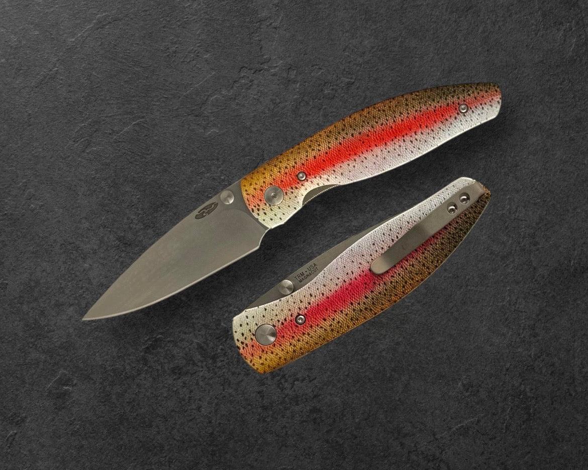 Three Rivers Mfg.-Three Rivers Mfg. (TRM) Atom - DEALER EXCLUSIVE - RAINBOW TROUT G10 Contoured Handles - MagnaCut Blade-1-Urban Cutlery