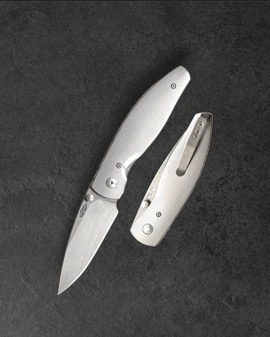 Three Rivers Mfg.-Three Rivers Mfg. (TRM) Atom - PINSTRIPE Titanium Handles - 20CV Blade-1-Urban Cutlery