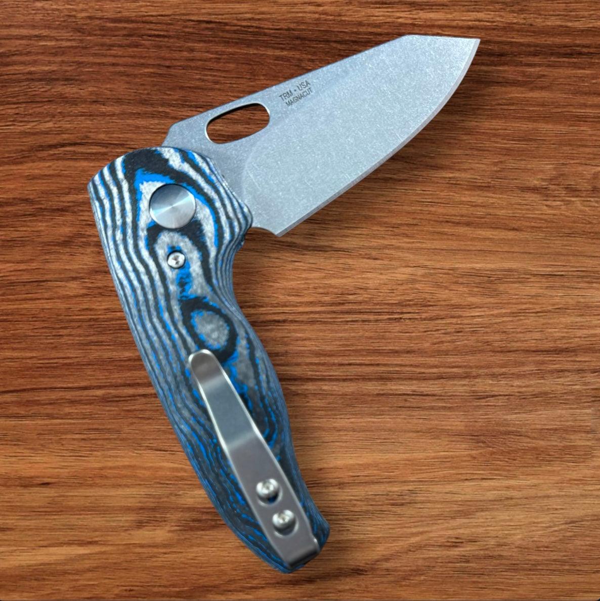 Three Rivers Mfg.-Three Rivers Mfg. (TRM) Holey Nerd - ELECTRIC BLUE Camo Carbon 3D Contoured Handles - Magnacut Blade-Urban Cutlery