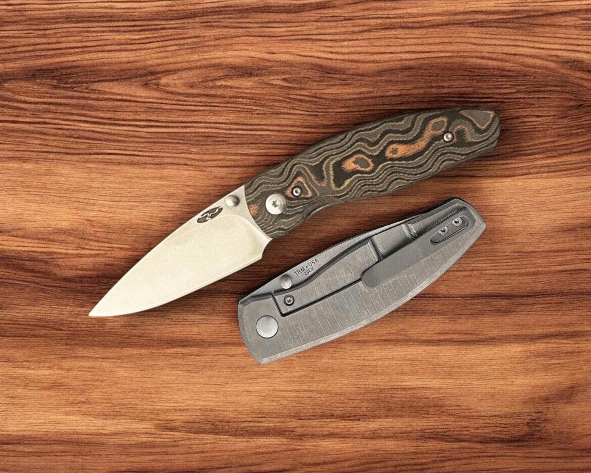 Three Rivers Mfg.-Three Rivers Mfg. (TRM) Neutron 2 FRAME LOCK - CAMOCARBON MOKUME 3D CONTOURED (Showside) Handles - 20CV Blade-Urban Cutlery