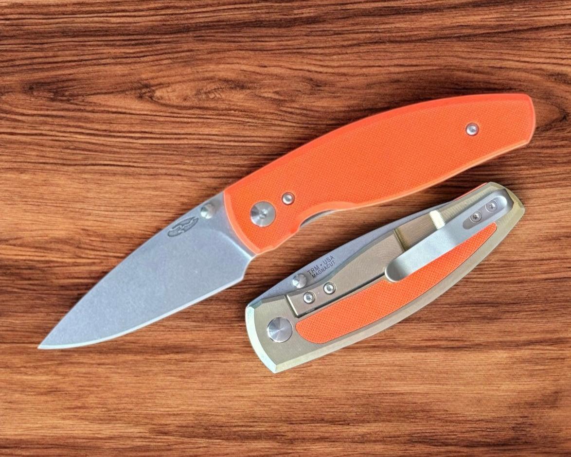 Three Rivers Mfg.-Three Rivers Mfg. (TRM) Neutron 2 FRAME LOCK - ORANGE G10 and Bronze Anodized w/ Orange Inlay Handles - Magnacut Blade-1-Urban Cutlery