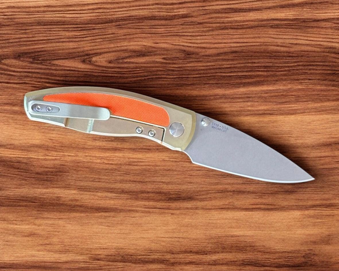 Three Rivers Mfg.-Three Rivers Mfg. (TRM) Neutron 2 FRAME LOCK - ORANGE G10 and Bronze Anodized w/ Orange Inlay Handles - Magnacut Blade-3-Urban Cutlery