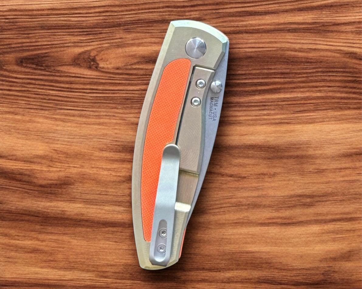 Three Rivers Mfg.-Three Rivers Mfg. (TRM) Neutron 2 FRAME LOCK - ORANGE G10 and Bronze Anodized w/ Orange Inlay Handles - Magnacut Blade-5-Urban Cutlery