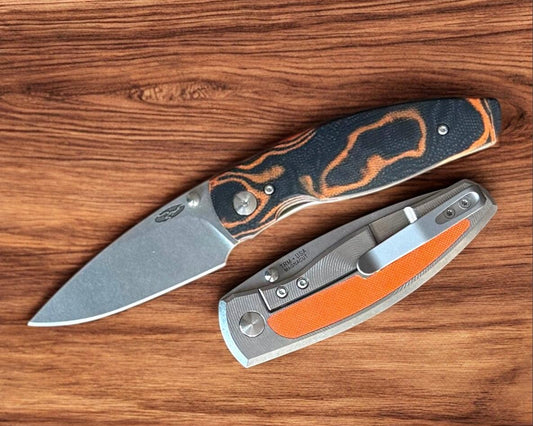 Three Rivers Mfg.-Three Rivers Mfg. (TRM) Neutron 2 FRAME LOCK - TANGERINE TIGER G10 3D w/ Carbon Fiber Inlay Handles - Magnacut Blade-1-Urban Cutlery