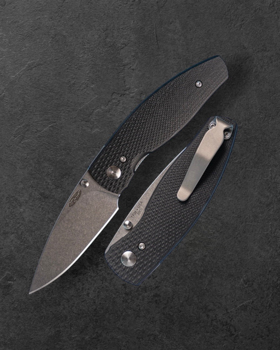 Three Rivers Mfg.-Three Rivers Mfg. (TRM) Neutron 2 - JET BLACK G10 3D Contoured LIZARD SKIN Handles - 20CV Blade-1-Urban Cutlery