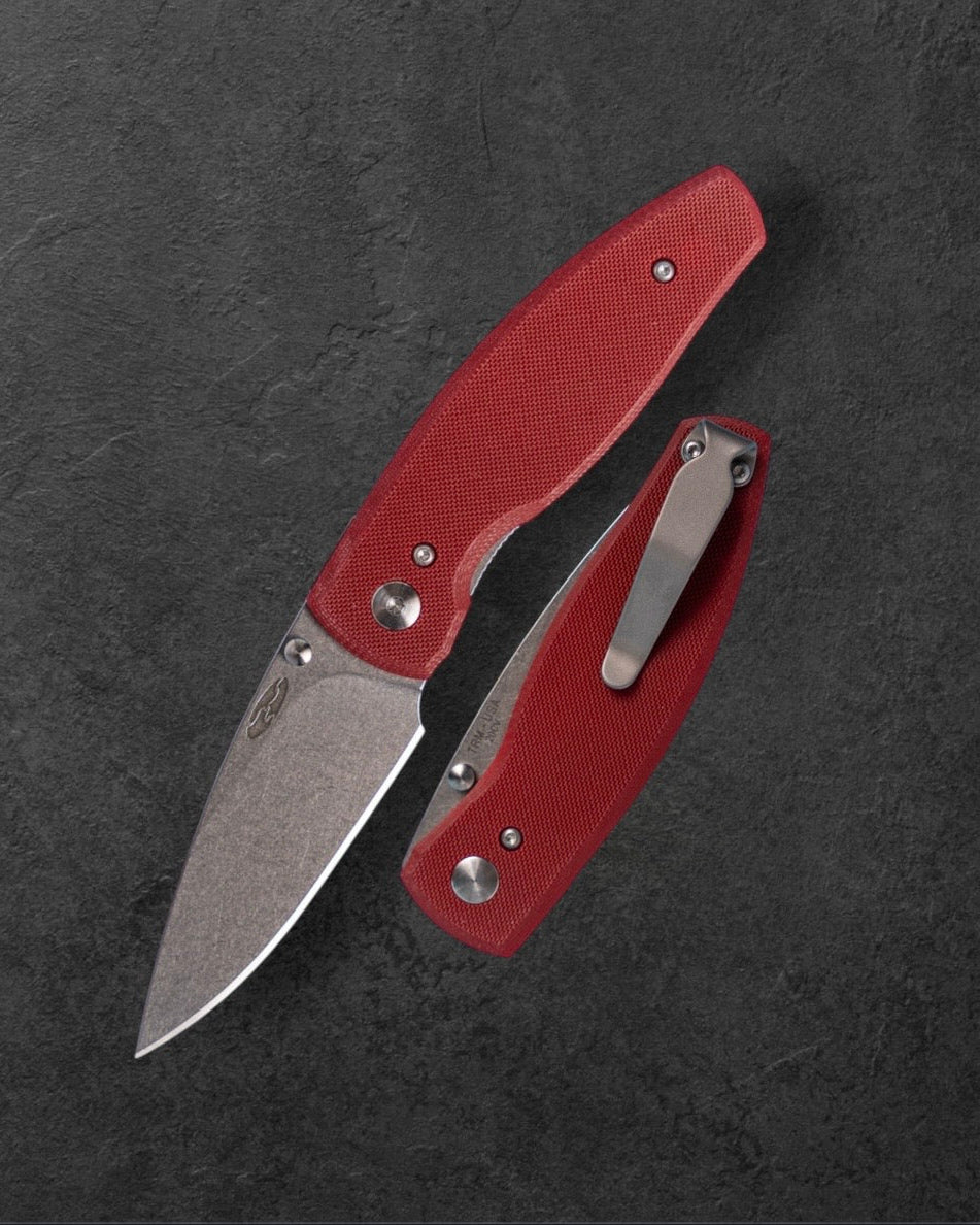 Three Rivers Mfg.-Three Rivers Mfg. (TRM) Neutron 2 - RUBY RED G10 Flat Handles - 20CV Blade-1-Urban Cutlery