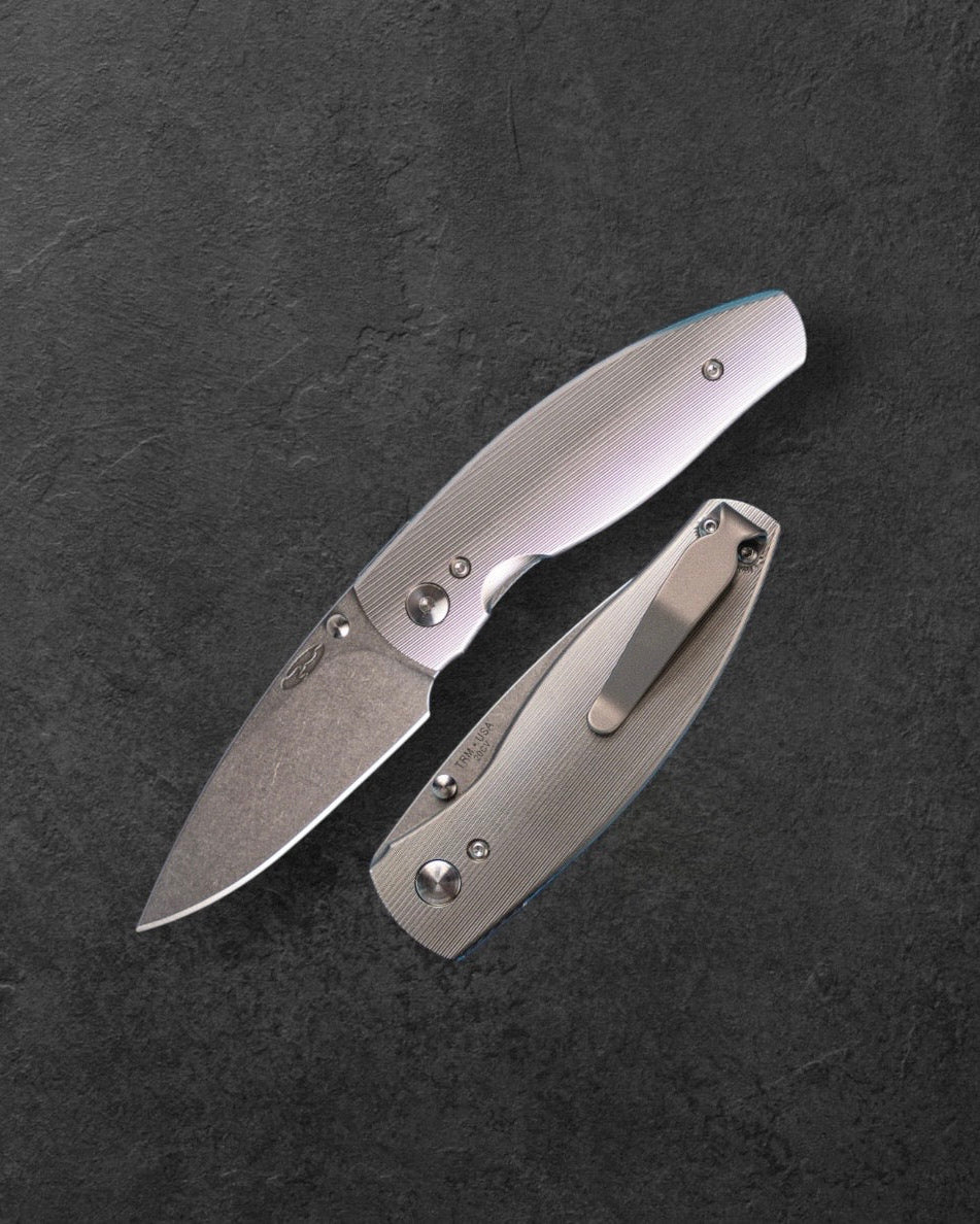 Three Rivers Mfg.-Three Rivers Mfg. (TRM) Neutron 2 - Titanium 3D Contoured PINSTRIPE Handles - 20CV Blade-1-Urban Cutlery