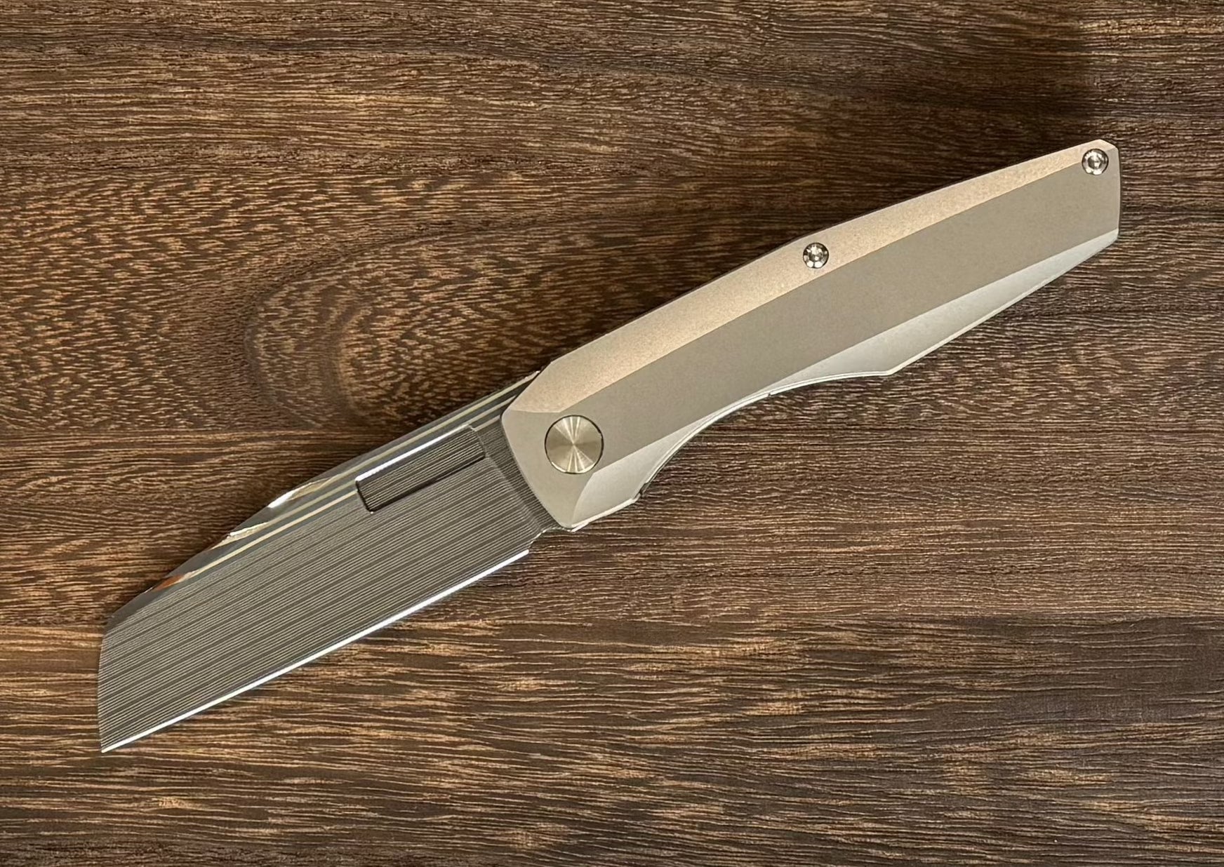 Vero Engineering-Vero Engineering Axon Liner Lock - Stonewashed Ti Handle - Bacon (Damascus) Blade-1-Urban Cutlery