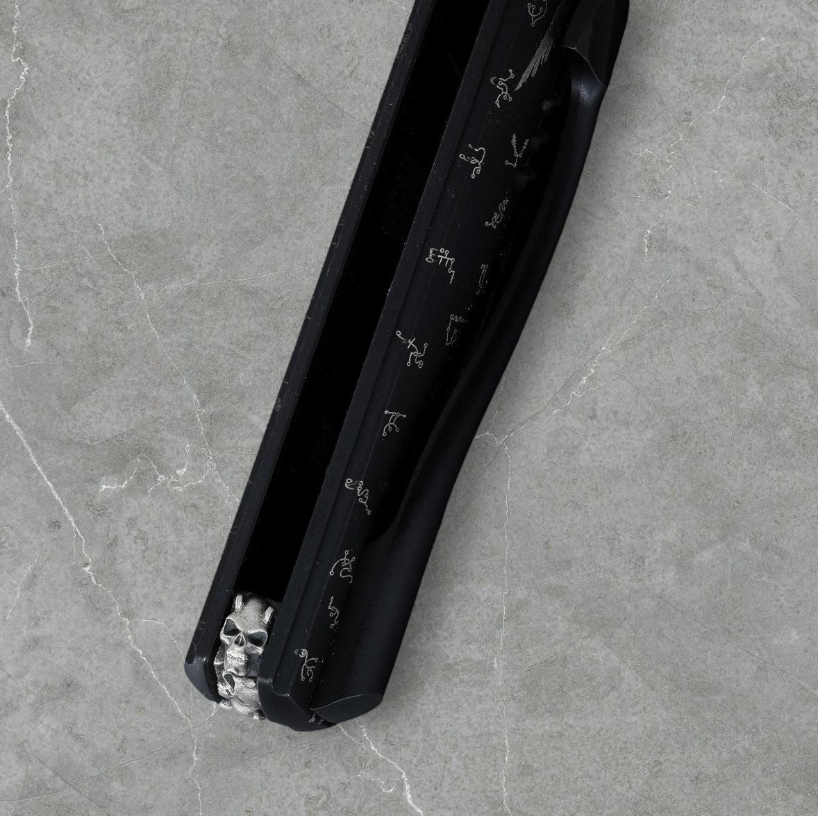 Zieba Knives-Zieba NINE BLACK ANGEL Harpoon - Black Ti Handle w/ "Black Angel" Theme - Magnacut Harpoon Blade - Brass Skulls Spacer - Ti Devil Tail Clip #4794-Urban Cutlery