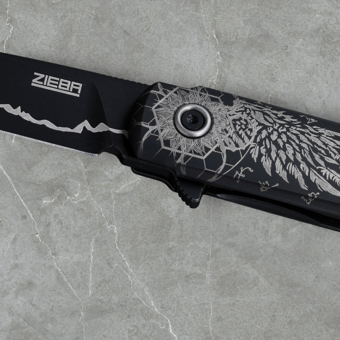 Zieba Knives-Zieba NINE BLACK ANGEL Harpoon - Black Ti Handle w/ "Black Angel" Theme - Magnacut Harpoon Blade - Brass Skulls Spacer - Ti Devil Tail Clip #4794-Urban Cutlery