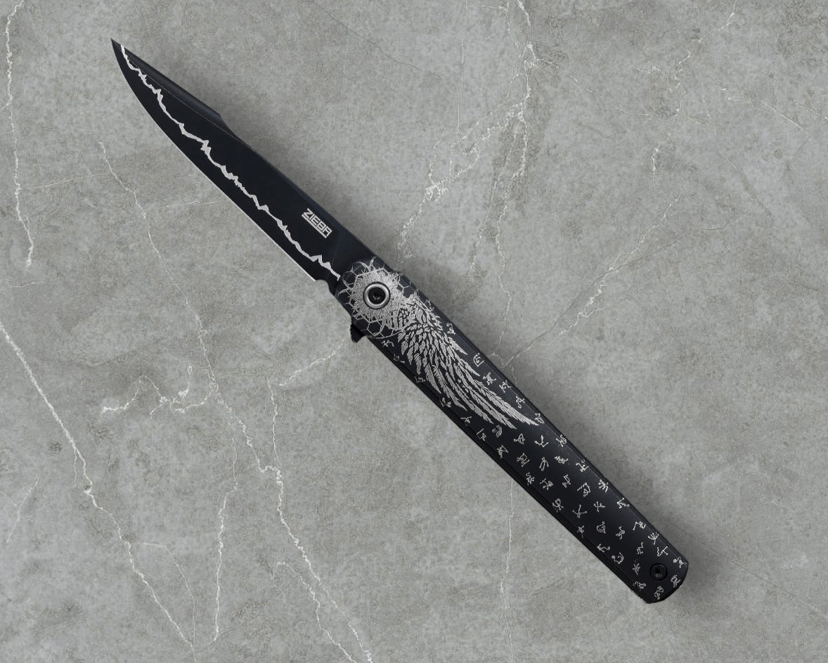 Zieba Knives-Zieba NINE BLACK ANGEL Harpoon - Black Ti Handle w/ "Black Angel" Theme - Magnacut Harpoon Blade - Brass Skulls Spacer - Ti Devil Tail Clip #4794-Urban Cutlery
