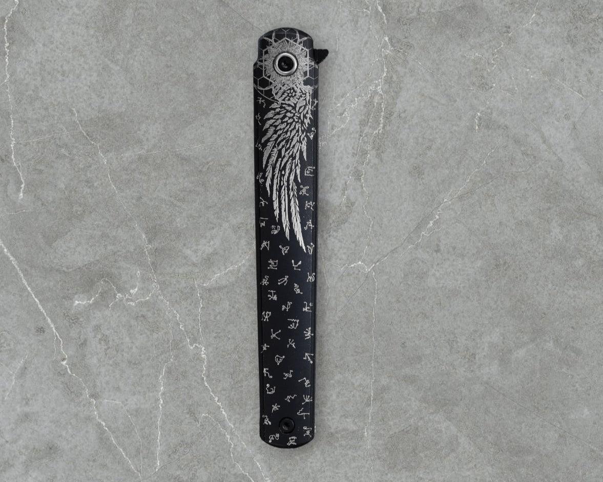 Zieba Knives-Zieba NINE BLACK ANGEL Harpoon - Black Ti Handle w/ "Black Angel" Theme - Magnacut Harpoon Blade - Brass Skulls Spacer - Ti Devil Tail Clip #4794-Urban Cutlery