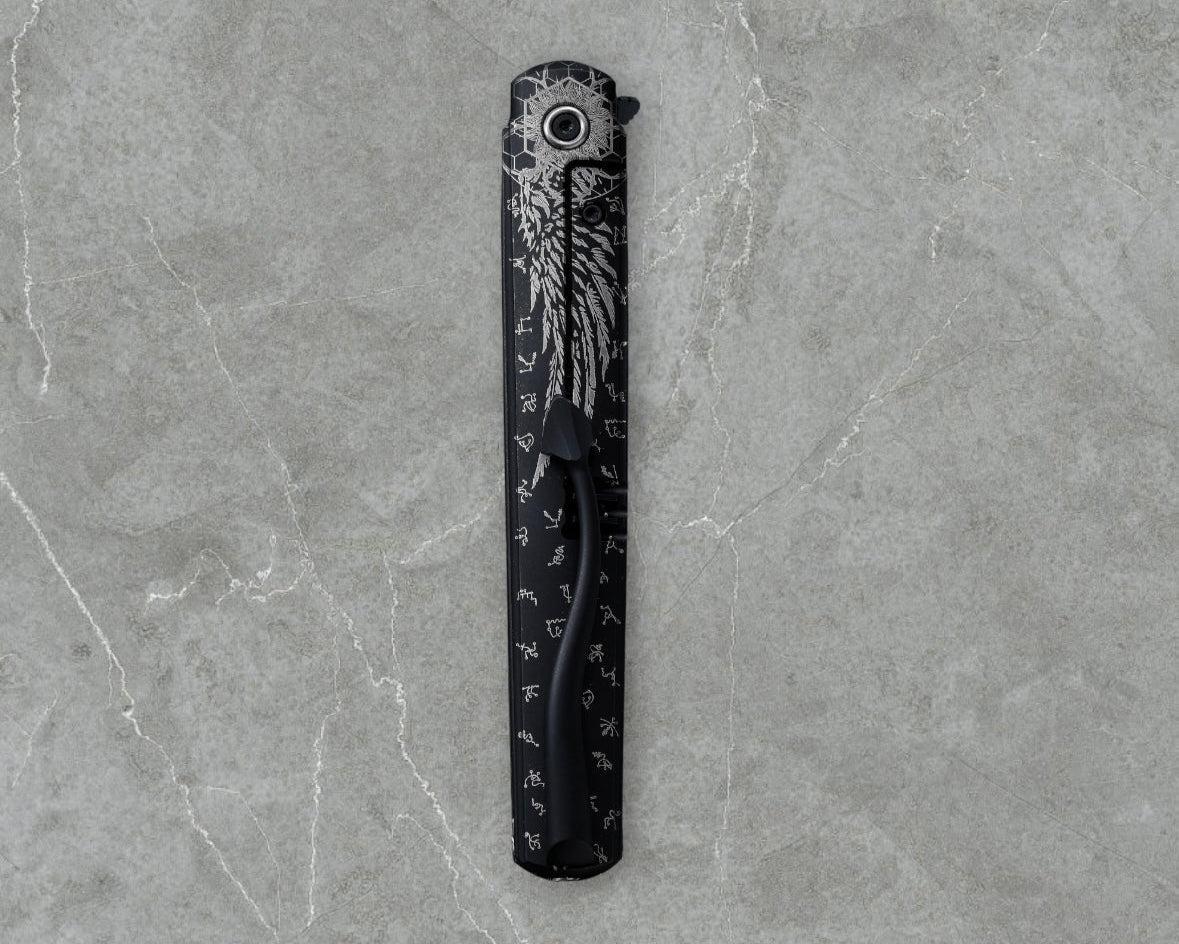 Zieba Knives-Zieba NINE BLACK ANGEL Harpoon - Black Ti Handle w/ "Black Angel" Theme - Magnacut Harpoon Blade - Brass Skulls Spacer - Ti Devil Tail Clip #4794-Urban Cutlery