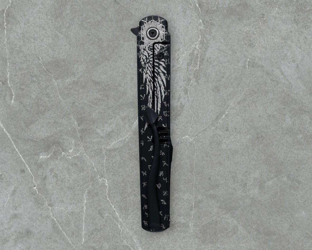 Zieba Knives-Zieba NINE BLACK ANGEL Harpoon - Black Ti Handle w/ "Black Angel" Theme - Magnacut Harpoon Blade - Brass Skulls Spacer - Ti Devil Tail Clip #4794-Urban Cutlery