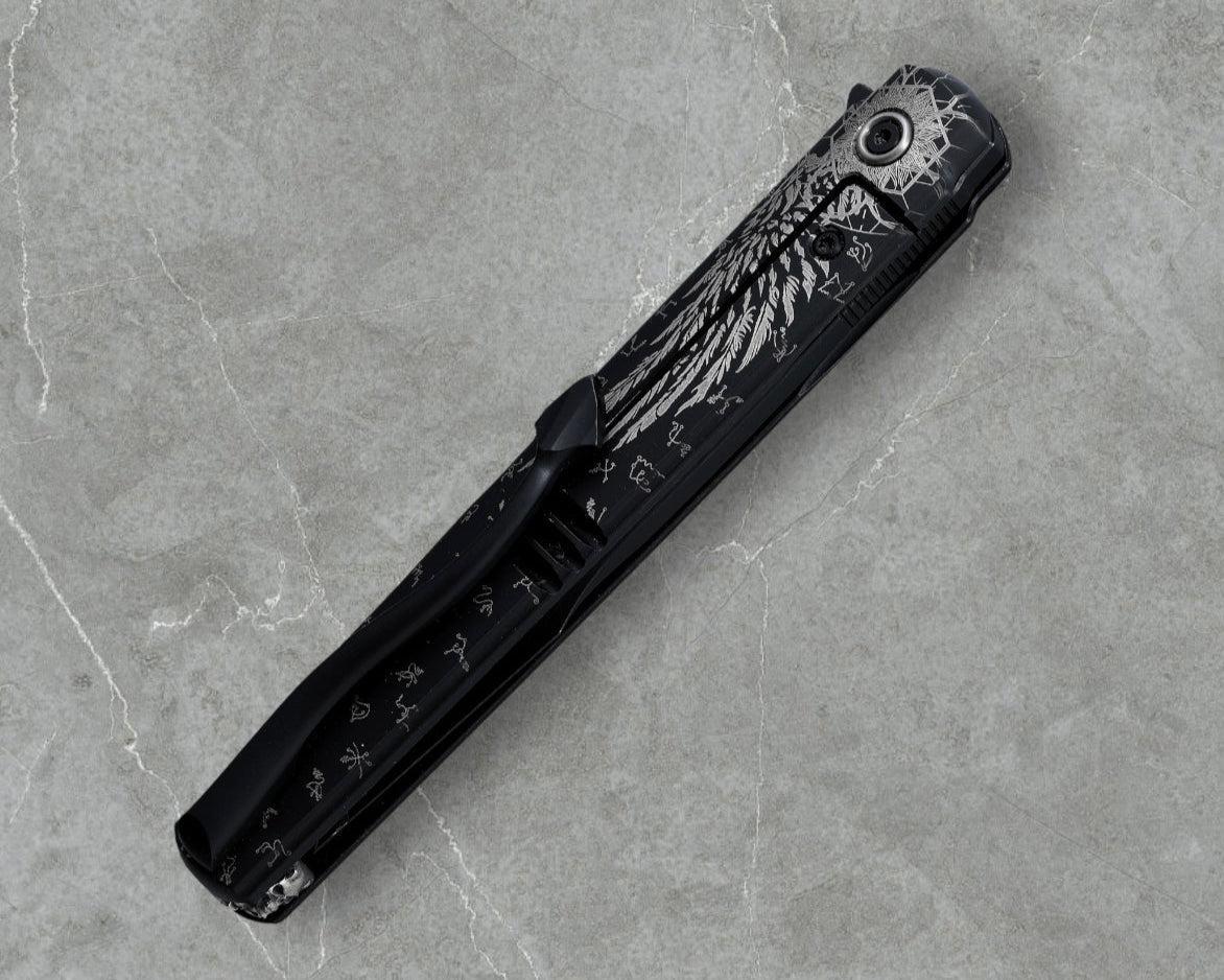 Zieba Knives-Zieba NINE BLACK ANGEL Harpoon - Black Ti Handle w/ "Black Angel" Theme - Magnacut Harpoon Blade - Brass Skulls Spacer - Ti Devil Tail Clip #4794-Urban Cutlery