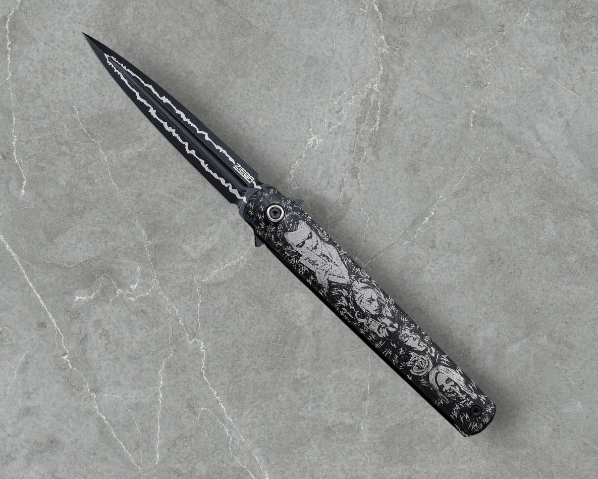 Zieba Knives-Zieba NINE Joker Dagger - Black Ti Handle w/ "Joker" Theme - Magnacut Dagger Blade - Brass Skulls Spacer - Ti Devil Tail Clip #4796-Urban Cutlery