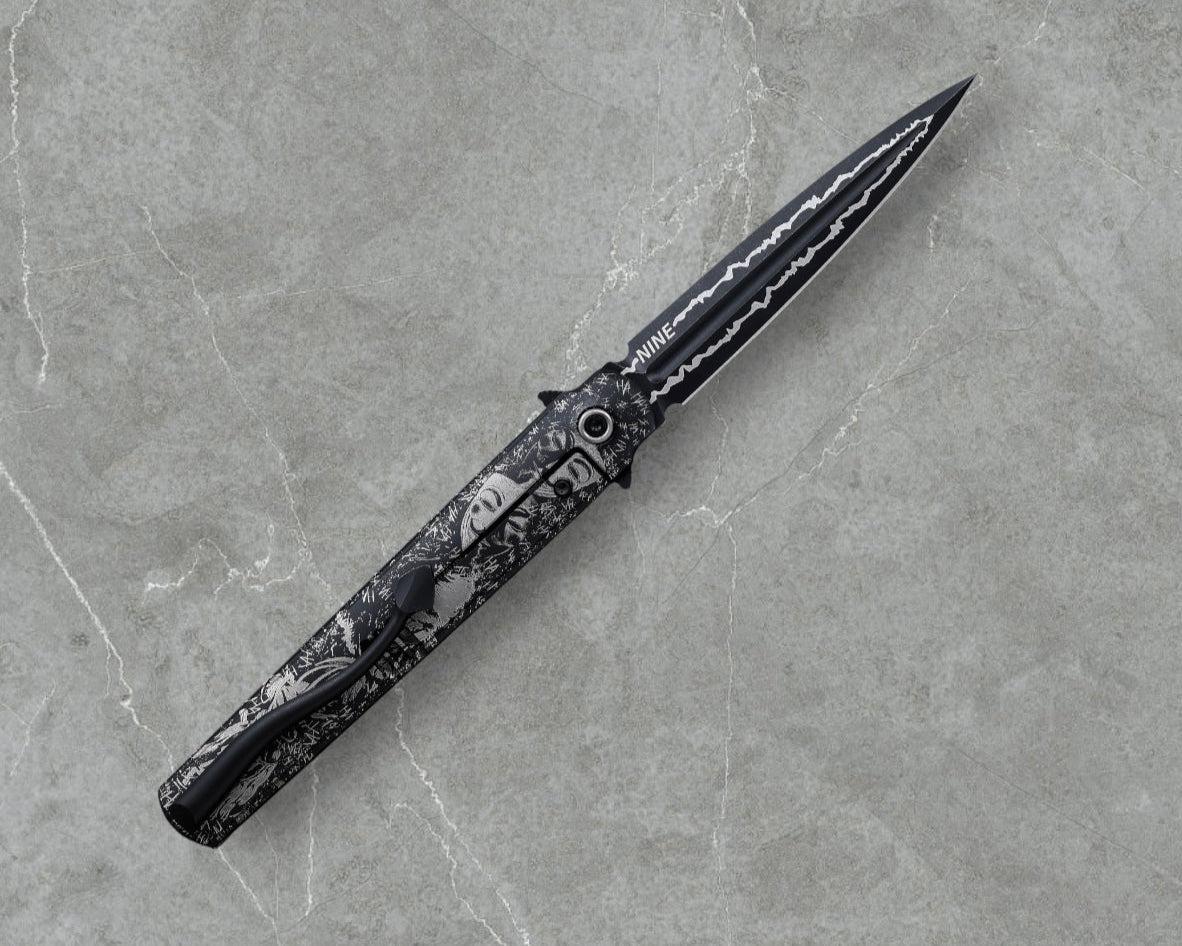 Zieba Knives-Zieba NINE Joker Dagger - Black Ti Handle w/ "Joker" Theme - Magnacut Dagger Blade - Brass Skulls Spacer - Ti Devil Tail Clip #4796-Urban Cutlery