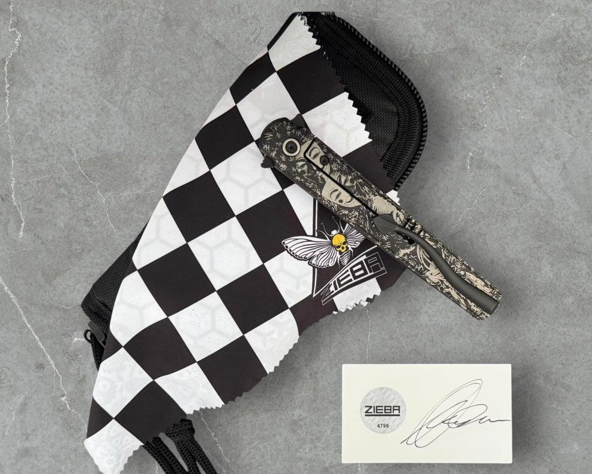 Zieba Knives-Zieba NINE Joker Dagger - Black Ti Handle w/ "Joker" Theme - Magnacut Dagger Blade - Brass Skulls Spacer - Ti Devil Tail Clip #4796-Urban Cutlery
