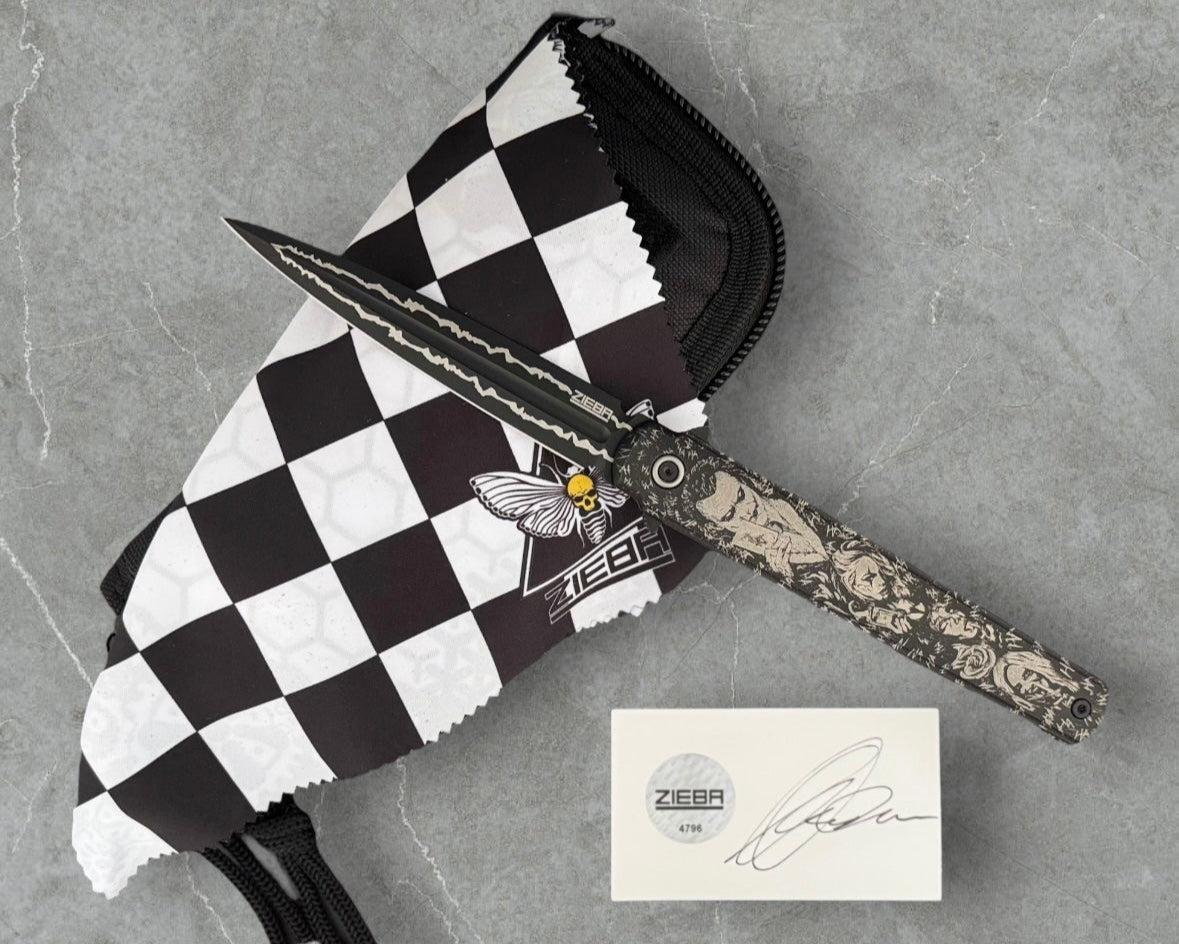 Zieba Knives-Zieba NINE Joker Dagger - Black Ti Handle w/ "Joker" Theme - Magnacut Dagger Blade - Brass Skulls Spacer - Ti Devil Tail Clip #4796-Urban Cutlery