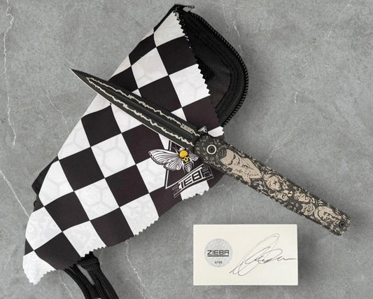 Zieba Knives-Zieba NINE Joker Dagger - Black Ti Handle w/ "Joker" Theme - Magnacut Dagger Blade - Brass Skulls Spacer - Ti Devil Tail Clip #4796-Urban Cutlery