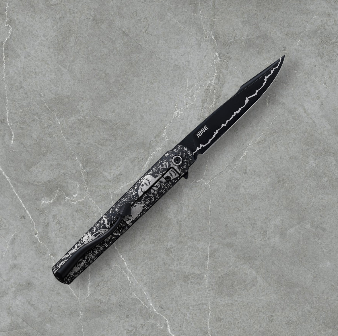 Zieba Knives-Zieba NINE Joker Harpoon - Black Ti Handle w/ "Joker" Theme - Magnacut Harpoon Blade - Brass Skulls Spacer - Ti Devil Tail Clip #4795-Urban Cutlery